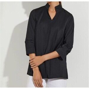 Misook Ruched Sleeve Nylon Blend Tunic Popover Size Large Black Quiet Luxury
